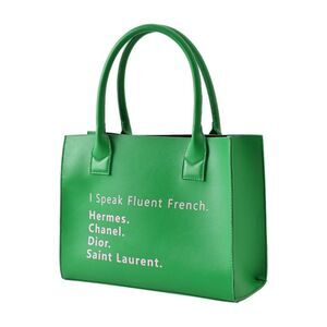 Green & Pink "I Speak Fluent French" Tote Bag Purse Leather Womens Shoulder Bag